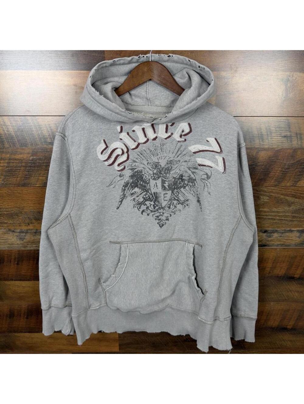 American Eagle Distressed Eagle Graphic Pullover Hoodie Gray Large